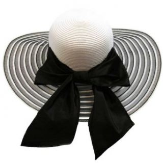 Luxury Divas Black & White Wide Brim Circular Pattern Floppy Hat Big Satin Bow