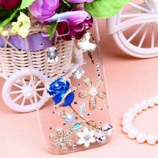 Shining Gold 3D Handmade Bling Transparent Crystal Case With One Blue Rose For Samsung Galaxy S3 I9300: Cell Phones & Accessories