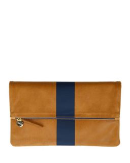 Single Stripe Fold Over Clutch Bag, Caramel/Navy   Clare Vivier