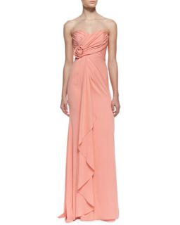 Womens Strapless Ruffle Front Gown with Rosette Detail, Coral   Badgley