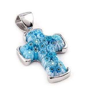 925 Silver Lt Blue Murano Millefiori Glass Cross Pendant: Jewelry