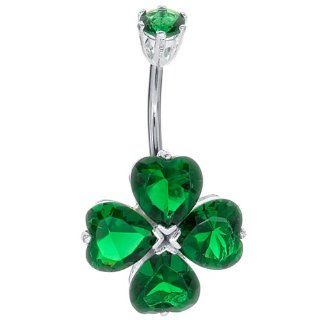 Green CZ Clover Sterling Silver Belly Ring: Body Piercing Rings: Jewelry