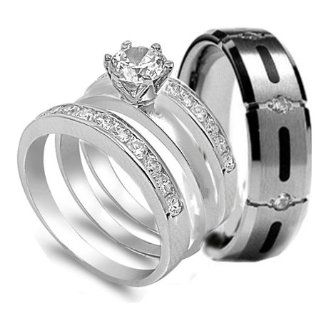 4 pcs His & Hers, STAINLESS STEEL & TITANIUM Matching Engagement Wedding Rings Set. AVAILABLE SIZES men's 7, 8, 9, 10, 11, 12, 13; women's set: 5, 6, 7, 8, 9, 10. EMAIL US SIZES THAT YOU NEED: Titanium Wedding Band Sets His And Hers: Jewelr