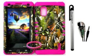 AT&T LG Optimus G E970 Hybrid 2 in 1 Green leaf Mossy Camo Hunter Series Plastic Snap On + Pink Silicone Kickstand Cover Case (Stylus Pen,Camo Earpiece & Wireless Fones' Wristband included): Cell Phones & Accessories