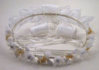 Beautiful Child Wreath of Tulle and Satin Flowers with Silk Leaves Adorned with Tiny Dried Baby's Breath and Organza Bow and Streamer in the Back #81GJwi (WHITE) : Fashion Headbands : Beauty