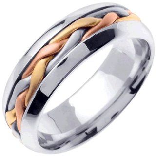 14K Tri Color Gold Women's Braided French Braid Wedding Band (7mm): Jewelry