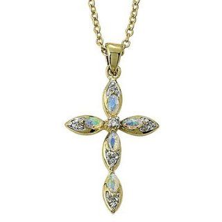 14k Gold Plating Over Sterling Silver 1" Cross Necklace w/ Opal Stones and Cubic Zirconia Stones on 18" Chain: Jewelry