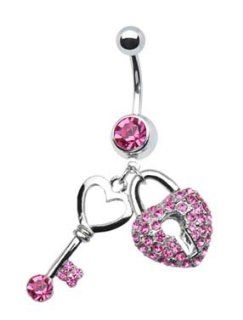 Pretty Pink Heart lock & Key to your heart dangle Belly navel Ring piercing bar body jewelry 14g: Jewelry
