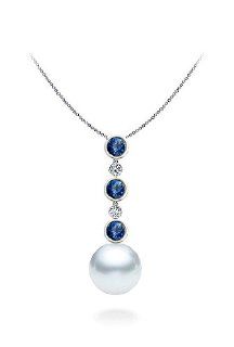 PremiumPearl 11 12mm White South Sea Pearl Pendant AAA Quality 14k Gold with Diamonds and Sapphires: Jewelry