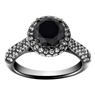 6.00 TCW 18k White Black Gold Round Cut AAA Black Diamond Engagement Ring: Jewelry
