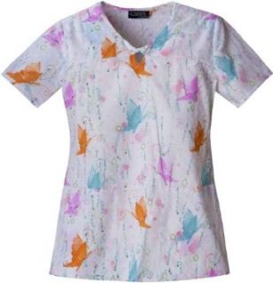 Runway by Cherokee 3849 Women's V Neck Scrub Top Butterfly Reign Large: Clothing