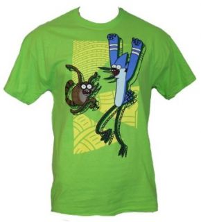 Regular Show Mens T Shirt   Rigby and Mordecai Celebration Dance Image (Large) Lime Green Clothing