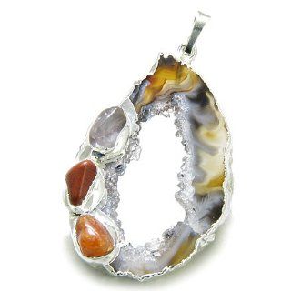 Brazilian Lucky Agate Slice Charm with Multi Tumbled Gemstones Amulet Metallic Tone Pendant: Best Amulets: Jewelry