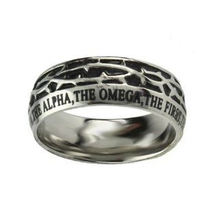 Christian Mens Stainless Steel 10mm Abstinence Crown of Thorns "I Am the Alpha, the Omega, the First, the Last, the Beginning, the End" Revelation 2213 Comfort Fit Chastity Ring for Boys   Guys Purity Ring Jewelry