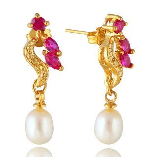 Rizilia Jewelry Appealing Well liked Gold Plated CZ Marquise Cut White Pearl Color Stud Earrings: Jewelry