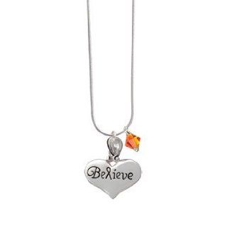 Large Believe with Ribbon Heart Fire Opal Swarovski Bicone Charm Necklace: Pendant Necklaces: Jewelry