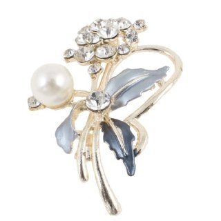 Women Rhinestones Decor Leaves Breast Pin Brooch Steel Blue Gold Tone: Jewelry
