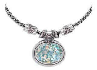 AUTHENTIC ROMAN GLASS JEWELRY SALE! Sterling Silver Iridescent Antique Roman Glass Pendant Necklace Handmade In Israel, Comes With Certificate Of Authenticity Heavy Cast 45grams, 18": Art Glass Necklace: Jewelry