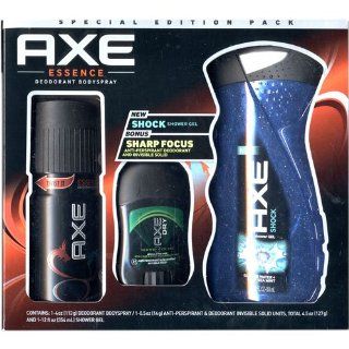 Axe Gift Set  1 Essence Deodorant Bodyspray 4 oz 1 Shock Shower Gel 12 oz 1 Sharp Focus Anti Perspirant Invisible Solid Deodorant .5 oz : Beauty