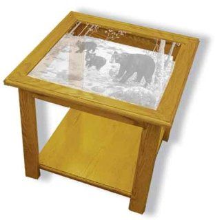 Oak Glass Top End Table With Black Bear Etched Glass   Black Bear End Table Furniture   Unique Black Bear Gift Ideas   Fully Assembled   22" x 22" x 20" high  
