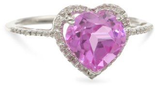 Sterling Silver Created Pink Sapphire Diamond Heart Ring (1/15 cttw, J K Color, I2 I3 Clarity), Size 5: Pink Saphire Heart Ring: Jewelry