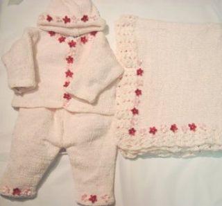 Hand Machine Knitted Finished with Hand Crochet Pink Chenille Infant Girls Cardigan Sweater Pant Hat Set with Satin Red and Pink Pearl Rosebuds and Matching Forty Five Inches Long Thirty Two Wide Blanket. (6 12mo): Infant And Toddler Pants Clothing Sets: C