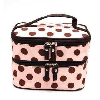 DEDC Double Layer Cosmetic Bag Pink with Coffee Dot Travel Toiletry Cosmetic Makeup Bag Organizer With Mirror : Make Up Bags : Beauty