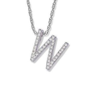 14K White Gold Diamond "W" Initial Pendant, 16" Necklace: Jewelry