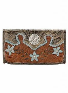 American West Leather Tri Fold Wallet 5683282 Womens Tan/Blue: Clothing