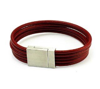 Dark Red Five Cord Leather Bracelet With Stainless Steel Magnetic Clasp: Jewelry