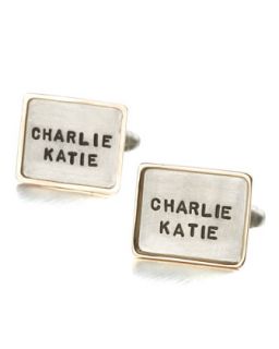 Mens Personalized Square Cuff Links, 2 Lines   Heather Moore   Silver/Gold trim