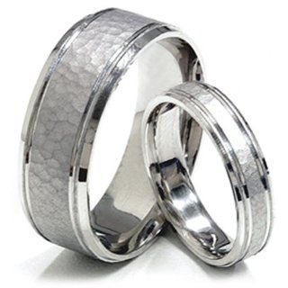 STYLISH 8/4MM Hammered Finish His Hers Wedding Bands 14K White Gold: Jewelry