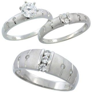 Sterling Silver Cubic Zirconia Trio Engagement Wedding Ring Set for Him and Her 7.5 mm Channel Set, L 5   10 & M 8   14: Wedding Bands: Jewelry