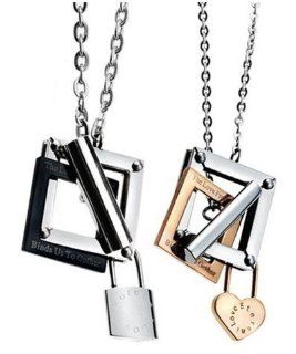 His & Hers Matching Set Lock Your Heart Couple Titanium Pendant Necklace Simple Korean Love Style in a Gift Box (ONE PAIR): Jewelry