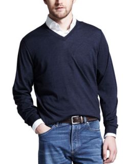 Mens Fine Gauge V Neck Sweater, Plum   Brunello Cucinelli   Dark indigo (XL/54)