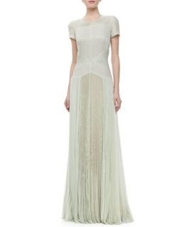 Womens Short Sleeve Embroidered Pleated Gown, Waterlily   J. Mendel  