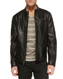 Mens Tumbled Leather Moto Jacket, Black   John Varvatos Star USA   Black