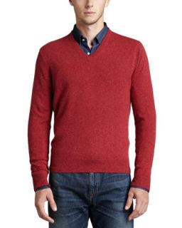 Mens V Neck Cashmere Pullover Sweater, Red   Firemelange (SMALL)