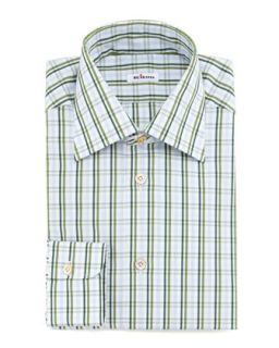 Mens Large Check Dress Shirt, Green   Kiton   Green (16 1/2)