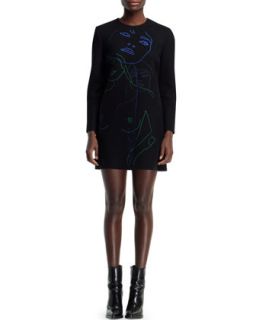 Womens Embroidered Wool Blend Shift Dress, Black/Multi   Stella McCartney  