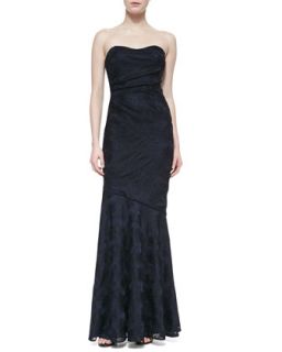 Womens Strapless Sweetheart Ruched Gown, Navy/Black   David Meister  