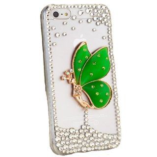 Green Fairy Clear Crystal Diamond Rhinestone Bling Case Cover Faceplate For Apple iPhone 5 5S w/ Free Pouch Cell Phones & Accessories