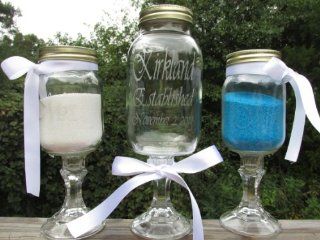 3 Piece Unity Sand Set / Etched Glass Mason Jars / Toasting Glasses / Personalized / "Mr." and "Mrs." Established : Unity Candles : Everything Else