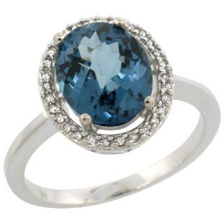 Sterling Silver Diamond Halo Natural London Blue Topaz Ring Oval 10X8 mm, 1/2 inch wide, sizes 5 10 Jewelry