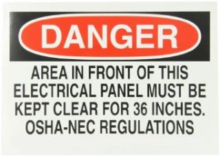 Brady 116005 10" Width x 7" Height B 586 Paper, Red And Black On White Color Sustainable Safety Sign, Legend "Danger Area In Front Of This Electrical Panel Must Be Kept Clear For 36 Inches OSHA NEC Regulations": Industrial Warning Signs