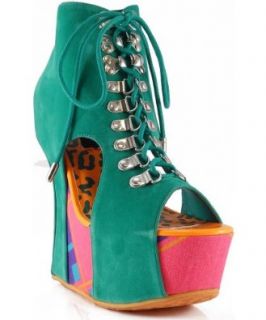 Dollhouse Influence Cutout Lace Up Graphic Heel Less Wedge Bootie Boots SEA GREEN (7.5): Shoes