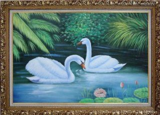 Lovely Pair of Swans in Pond With Lilies And Green Plants Large Oil Painting, with Ornate Gold Wood Frame 30x42 Inch  