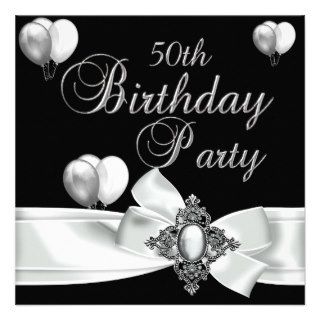 50th Birthday Party Black White Silver Balloons Personalized Invitation