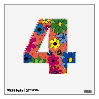Wall Decal Number 4 Orange with Colorful Flowers Wall Decals