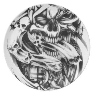 Demon skulls and crosses illustration. party plate